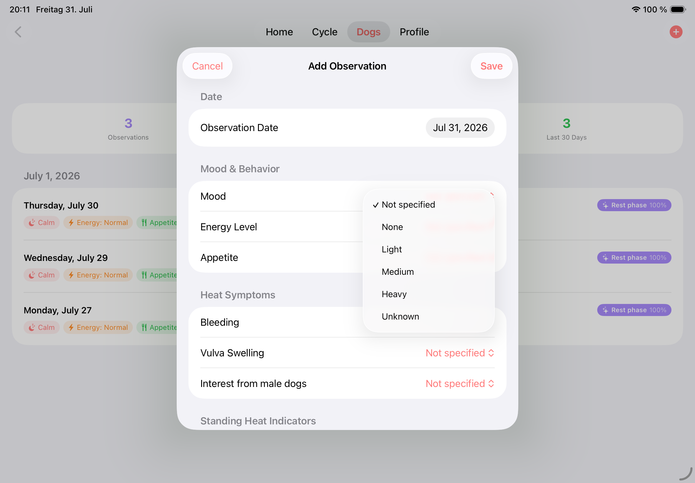 DogCycle iPad observation form for recording mood, energy, appetite and heat symptoms